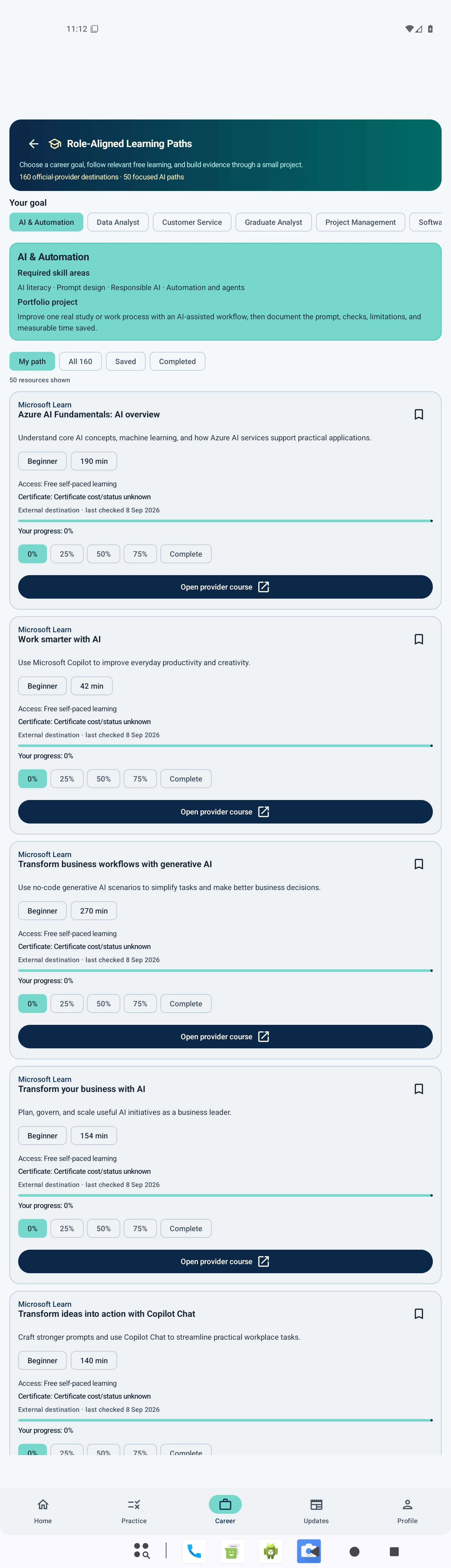 AI and Automation catalogue showing at least five learning paths