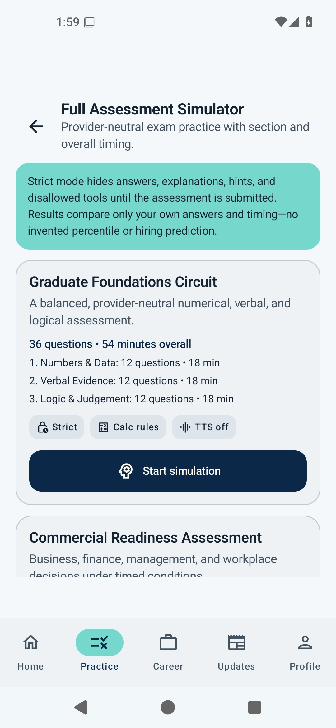 Timed assessment simulator setup screen