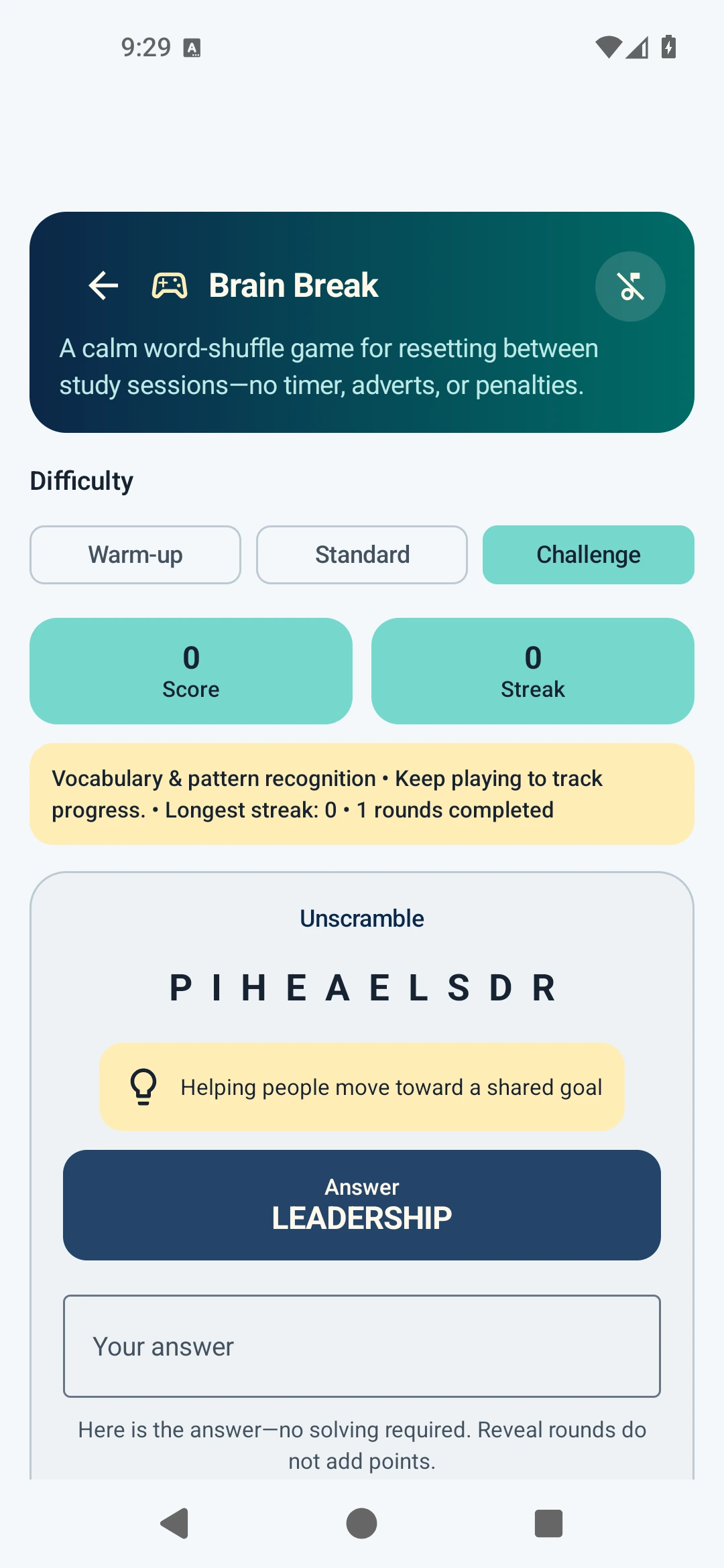 Brain Break challenge mode with a hint and revealed answer