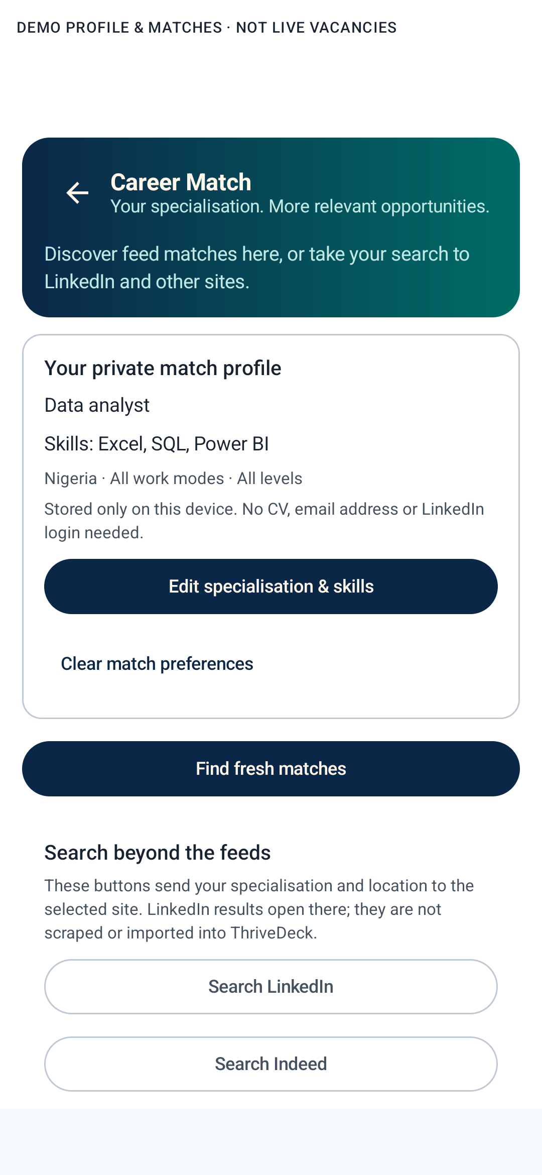 Career Match with a private example data analyst profile