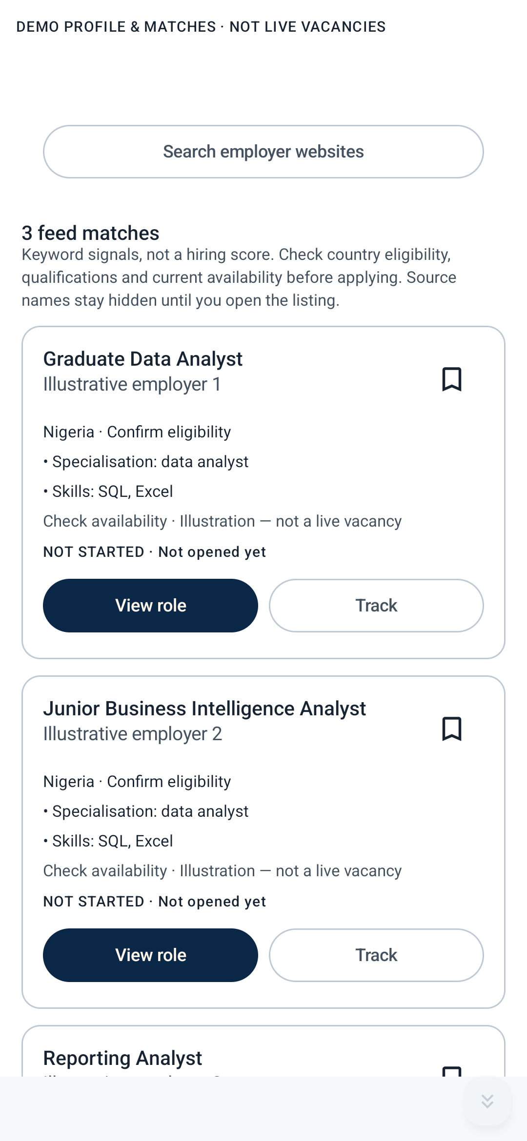 Career Match showing illustrative job matches and the reasons they match; not live vacancies