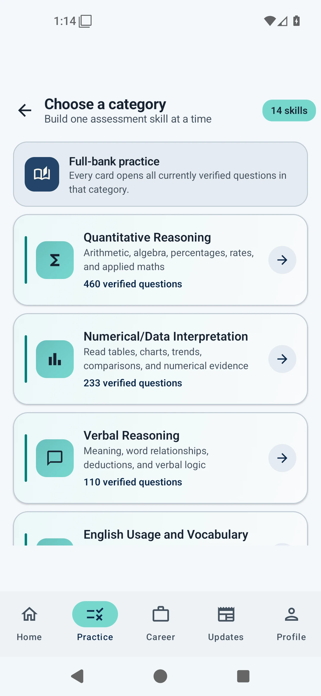 Aptitude practice categories for students and learners