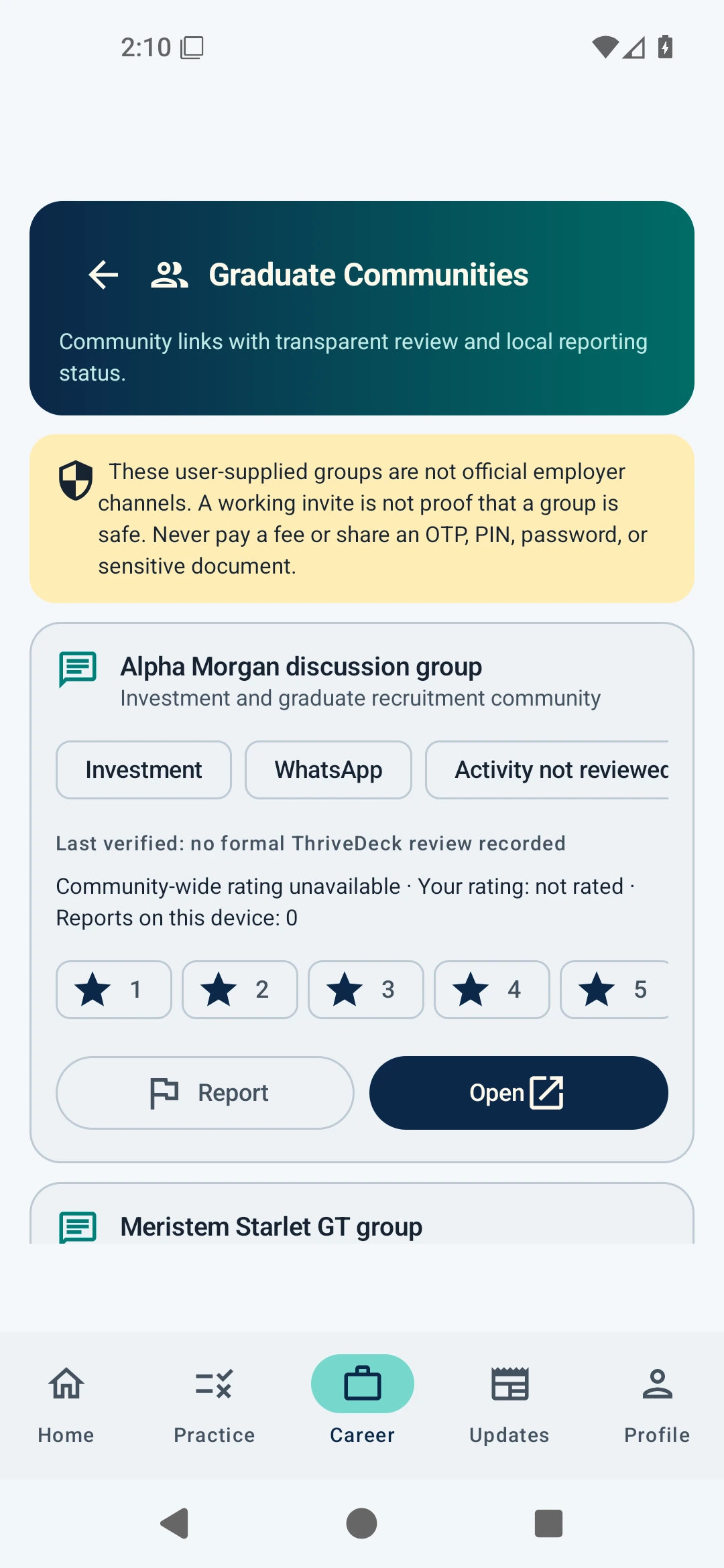 Graduate community entry with safety information