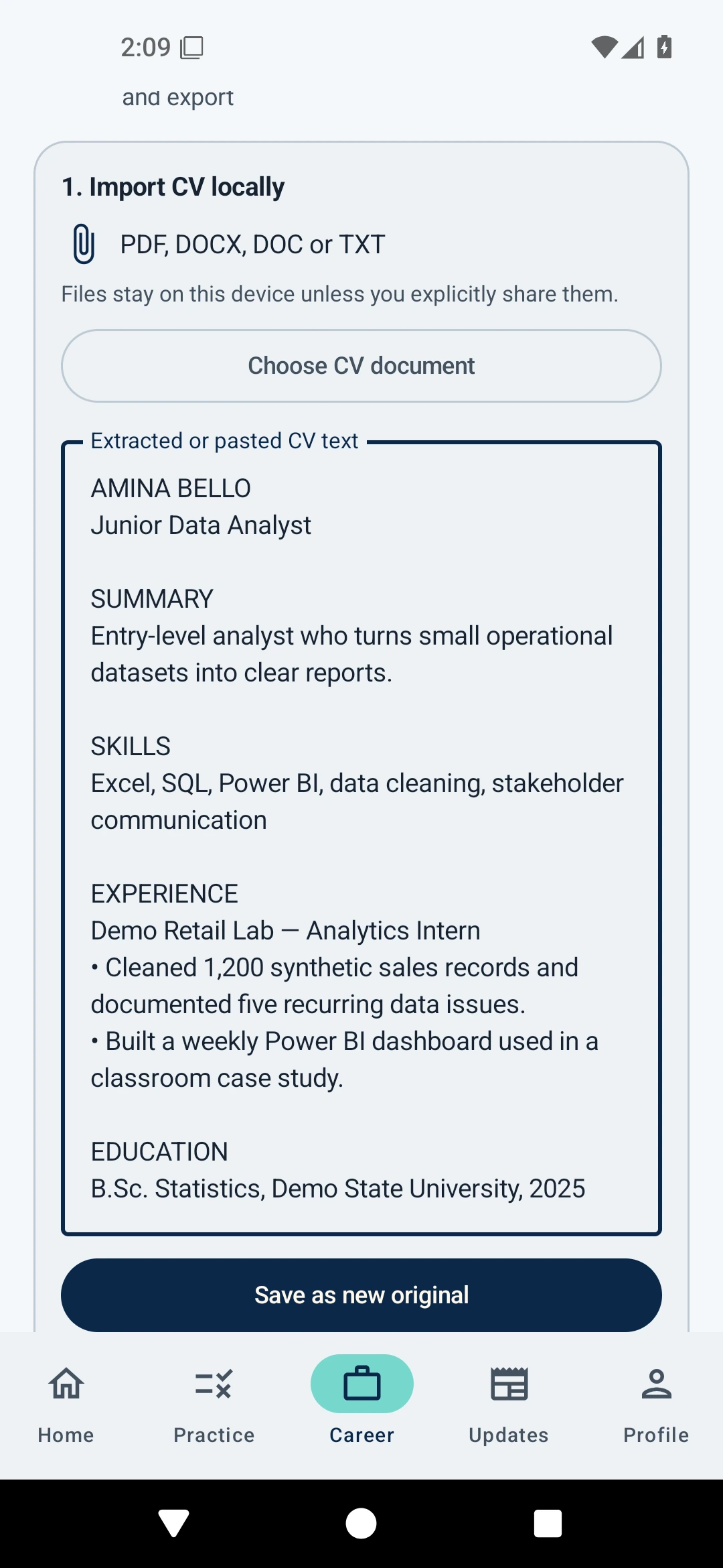 CV Studio with an editable sample CV