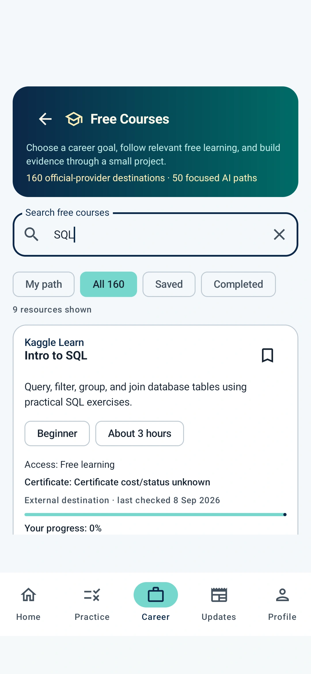 Free Courses search displaying SQL learning resources