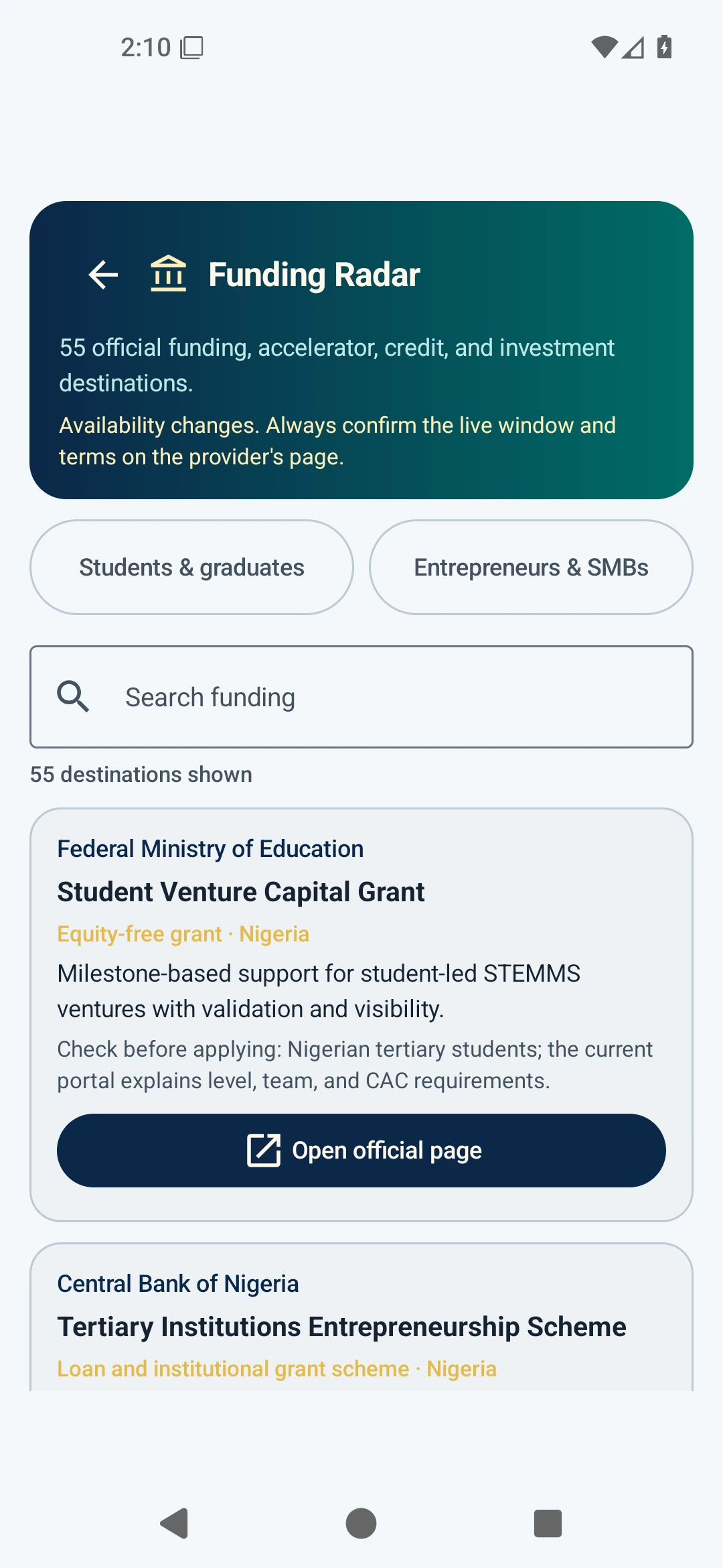 Funding Radar search and audience filters