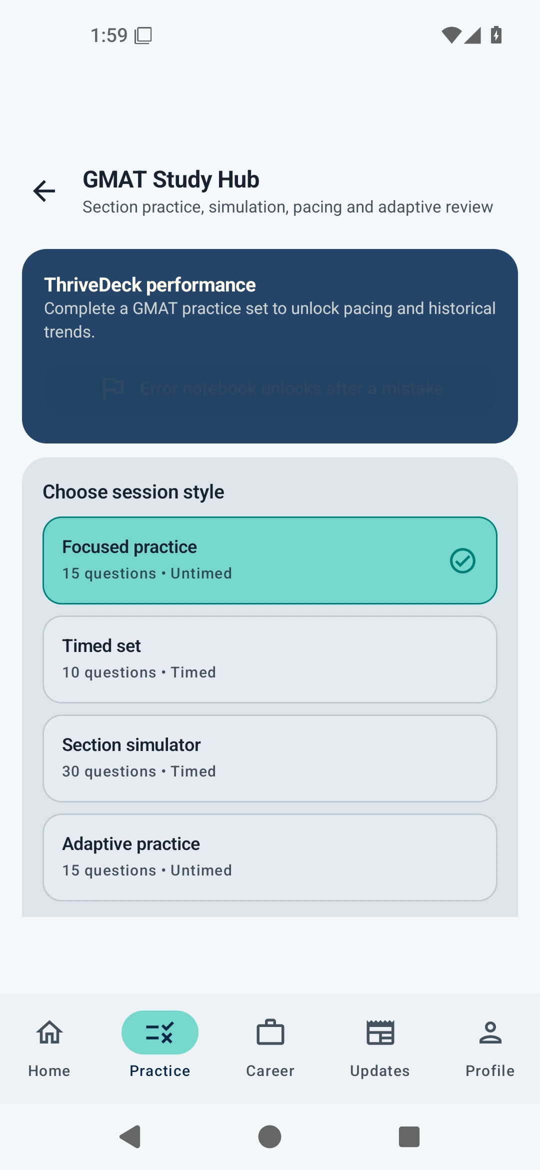 GMAT Study Hub section selection screen