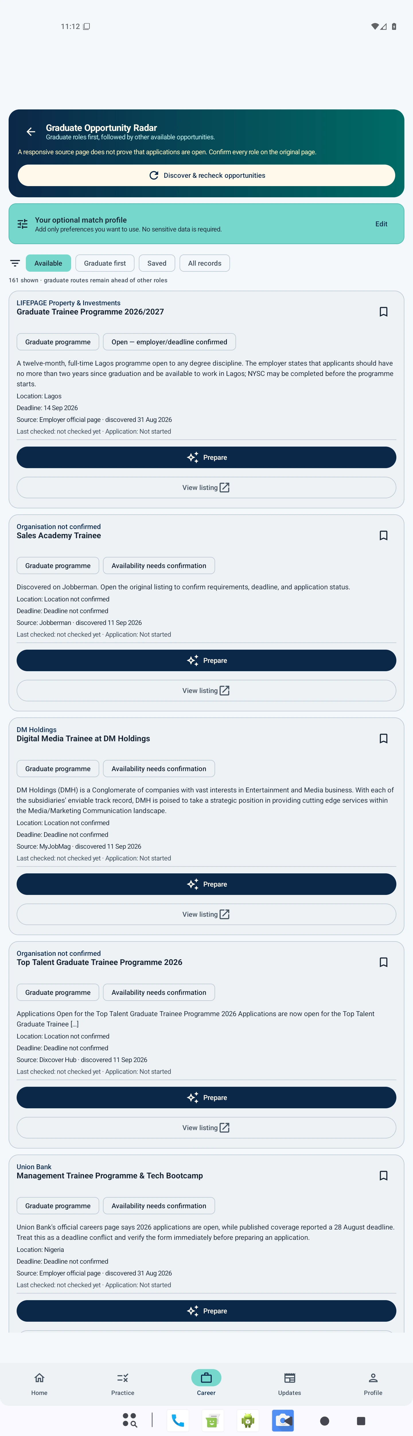 Graduate Opportunity Radar with at least five graduate opportunities
