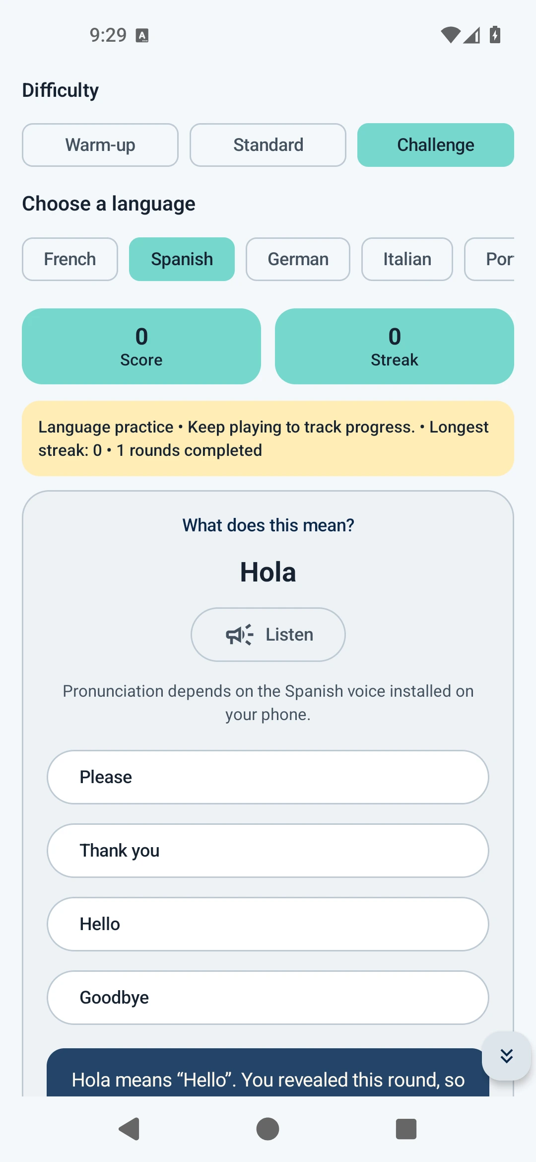 Spanish challenge round in Language Quest with pronunciation and answer choices