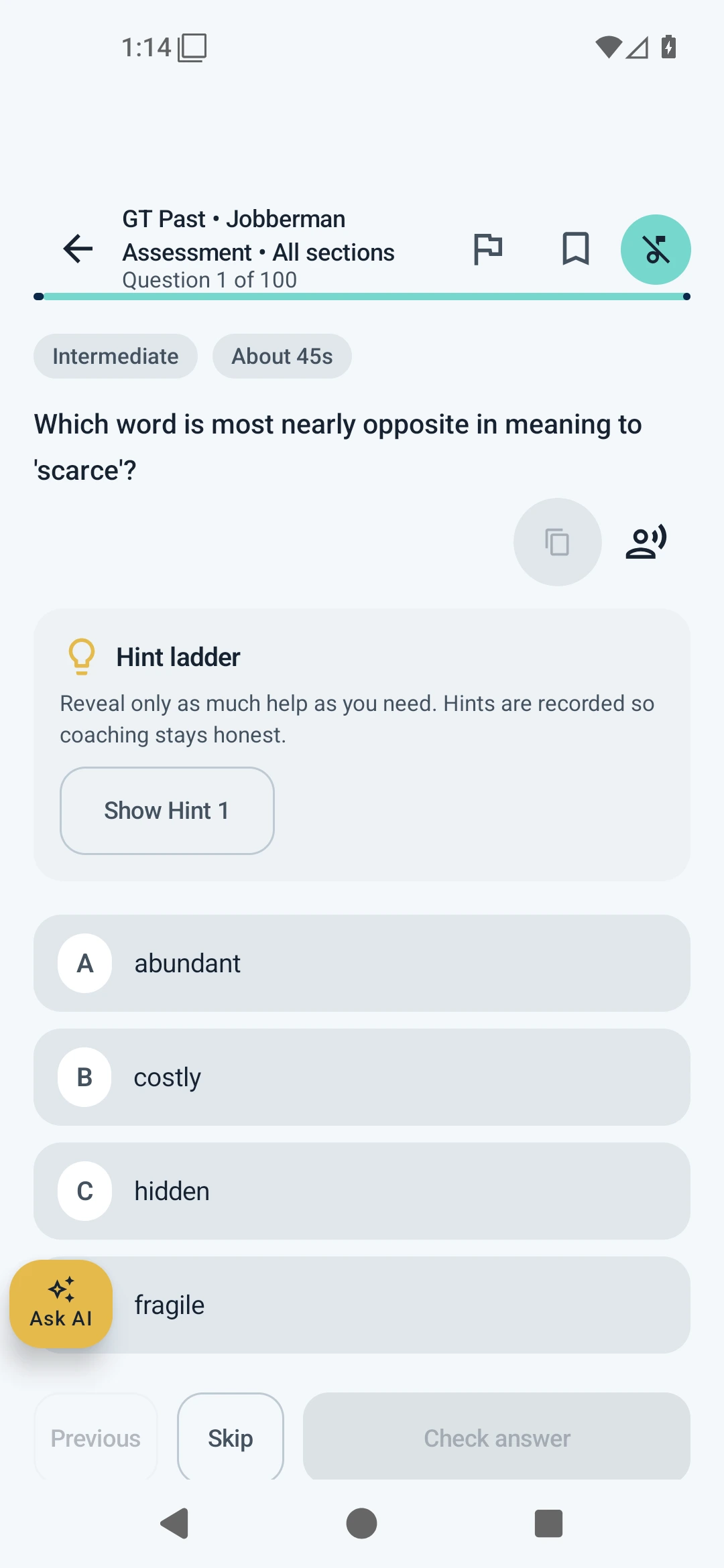 Gamified Jobberman practice question with progress, hints, options and skip controls