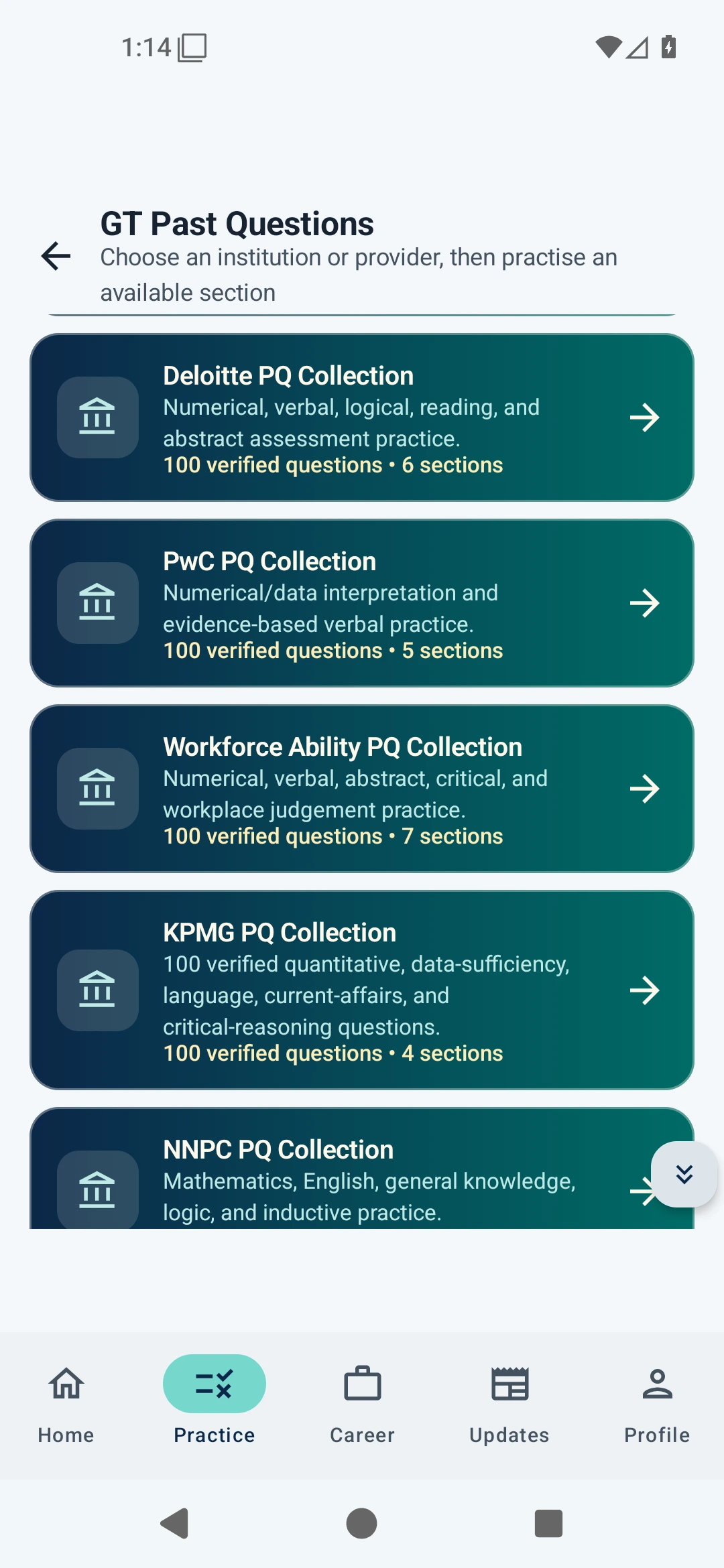 Past Question Vault showing Deloitte, PwC, Workforce, KPMG and NNPC practice collections
