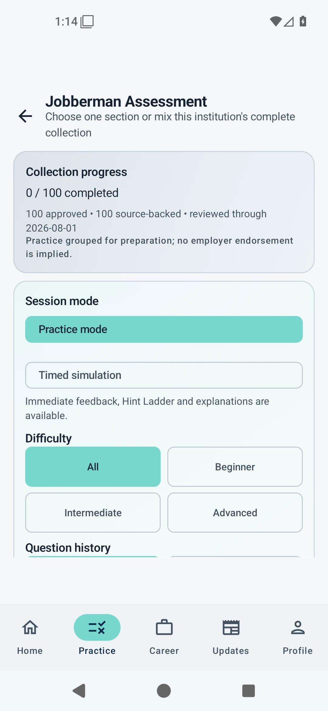Jobberman practice collection showing progress, session mode and difficulty controls