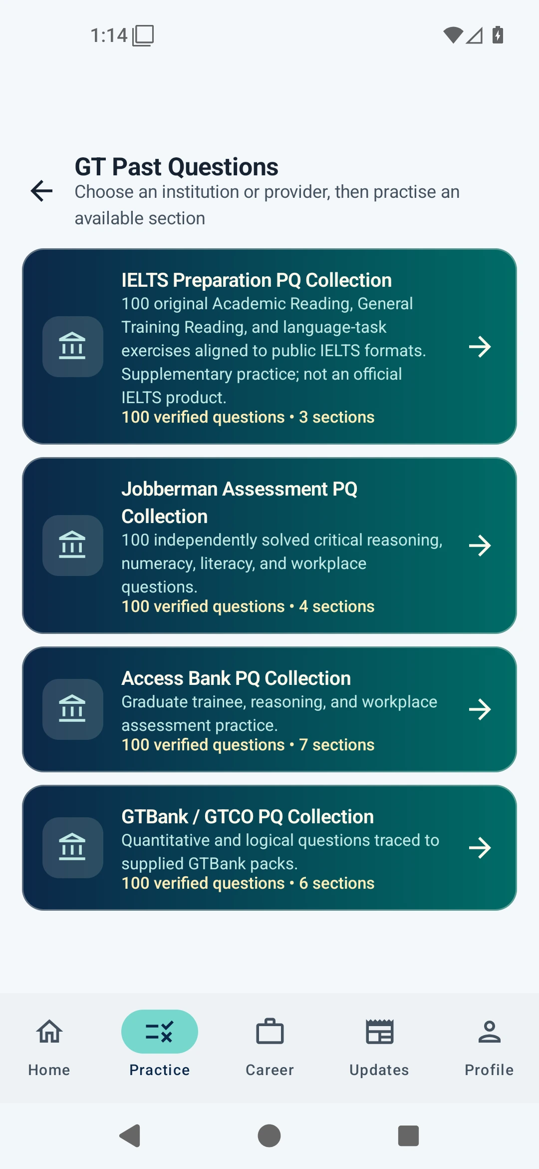 Past Question Vault showing IELTS, Jobberman, Access Bank and GTBank practice collections