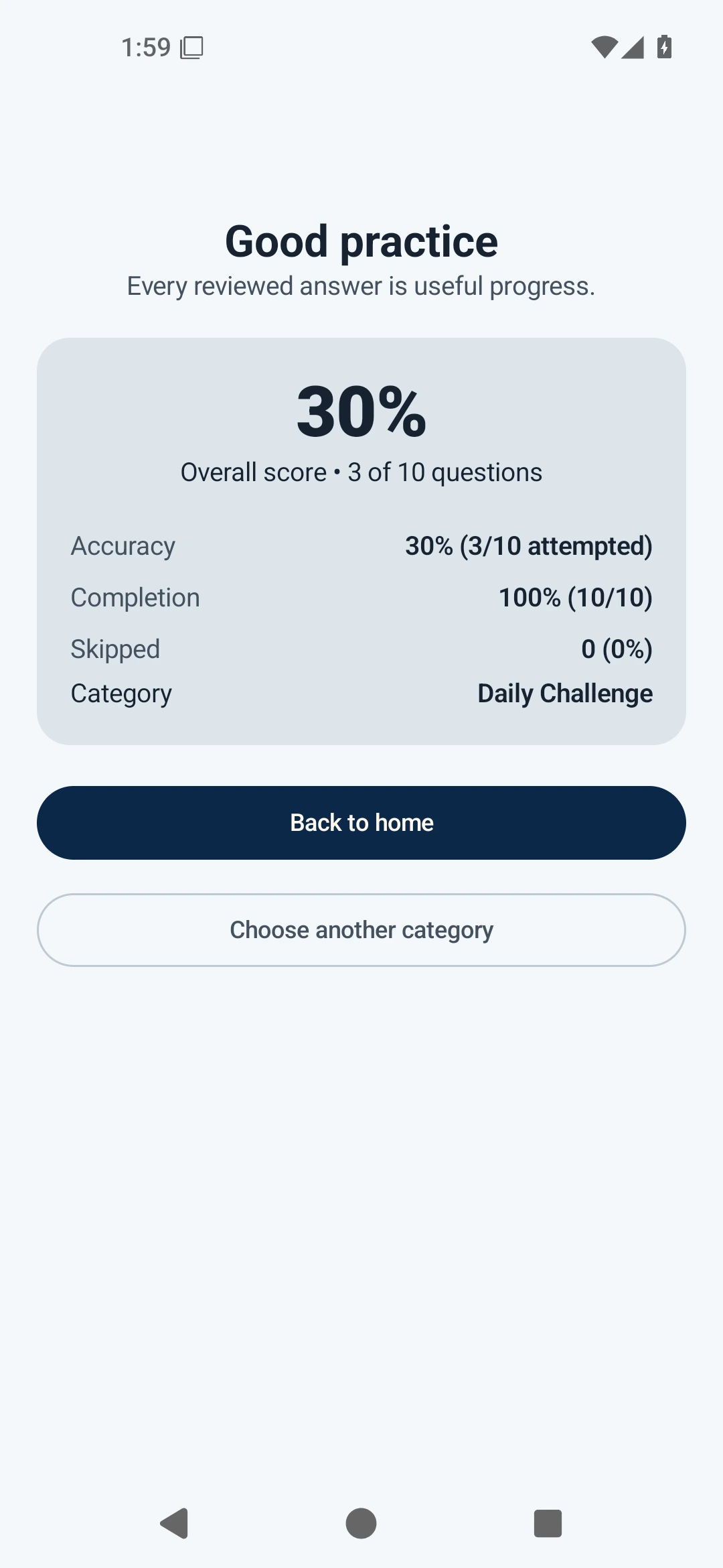 Assessment result with score and accuracy breakdown