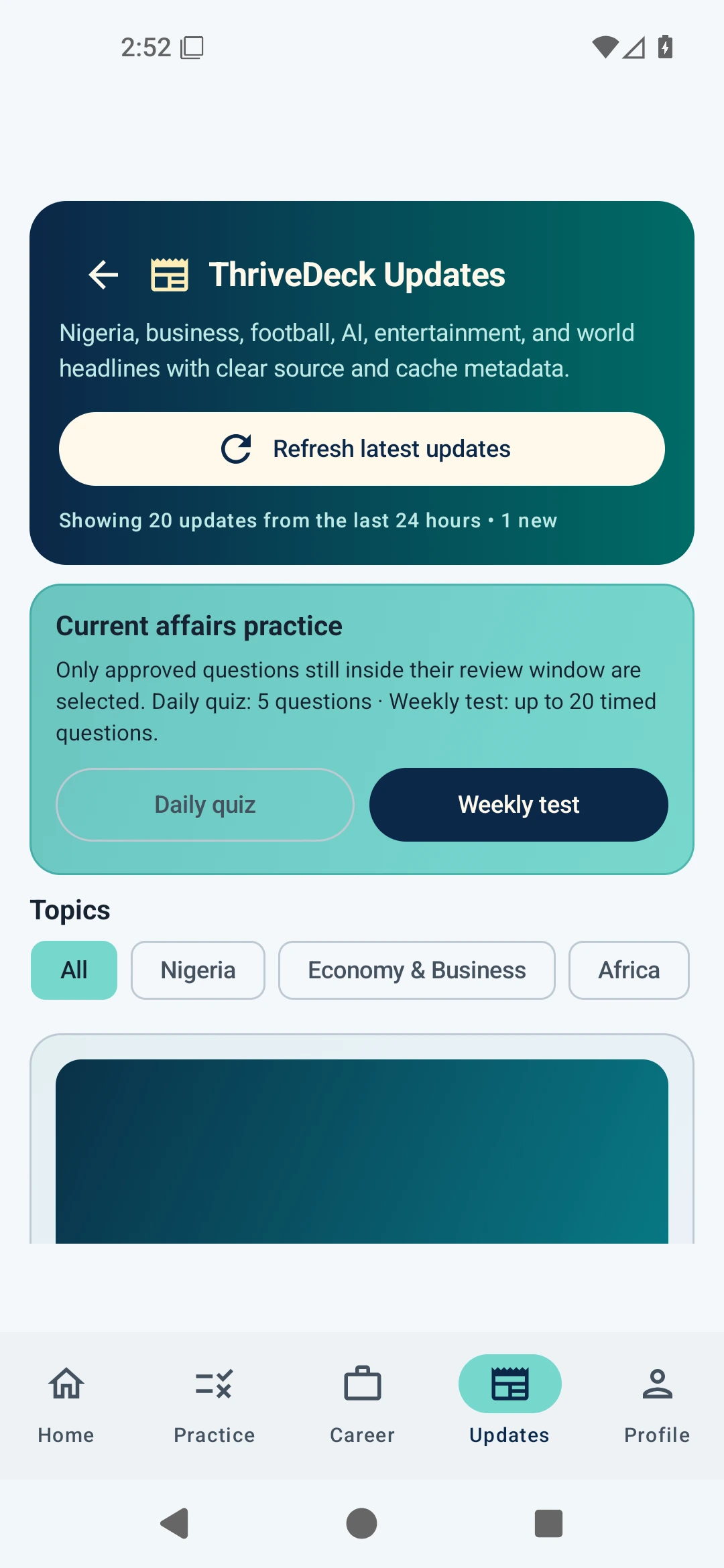 Daily and weekly current-affairs quiz options