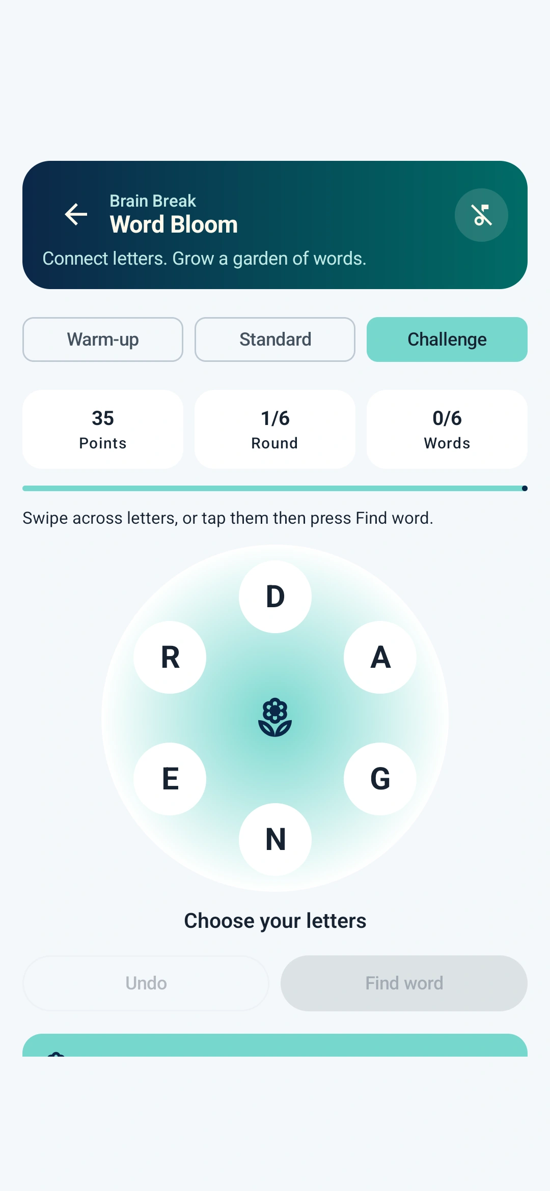 Word Bloom challenge mode with six letters
