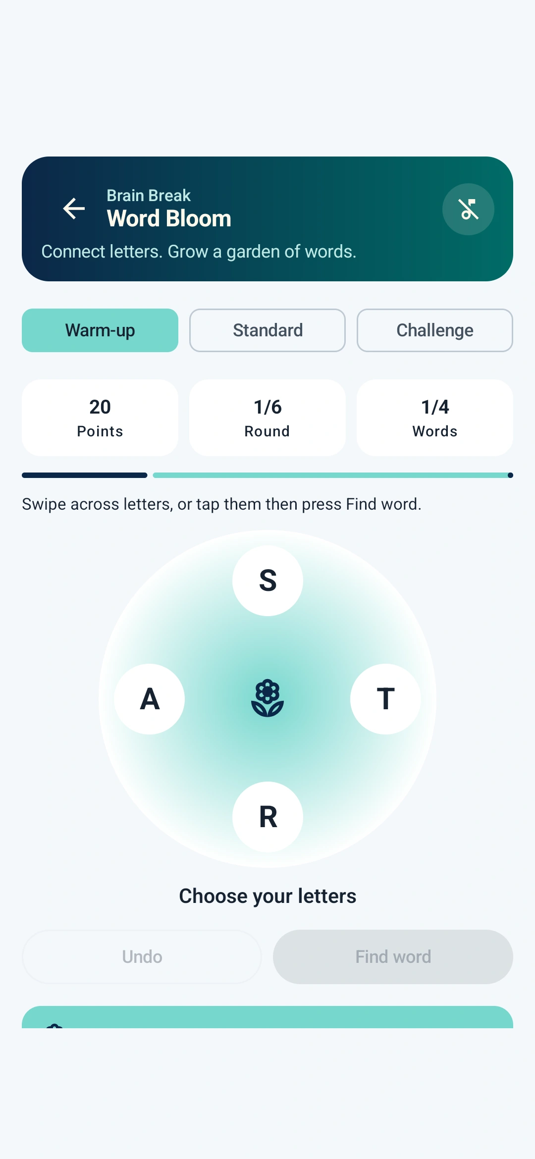 Word Bloom warm-up letter wheel with earned points